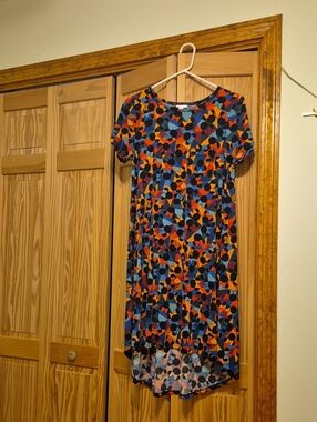 LuLaRoe Multicolor Geometric High-Low Dress in Blue, Orange, Red, Black